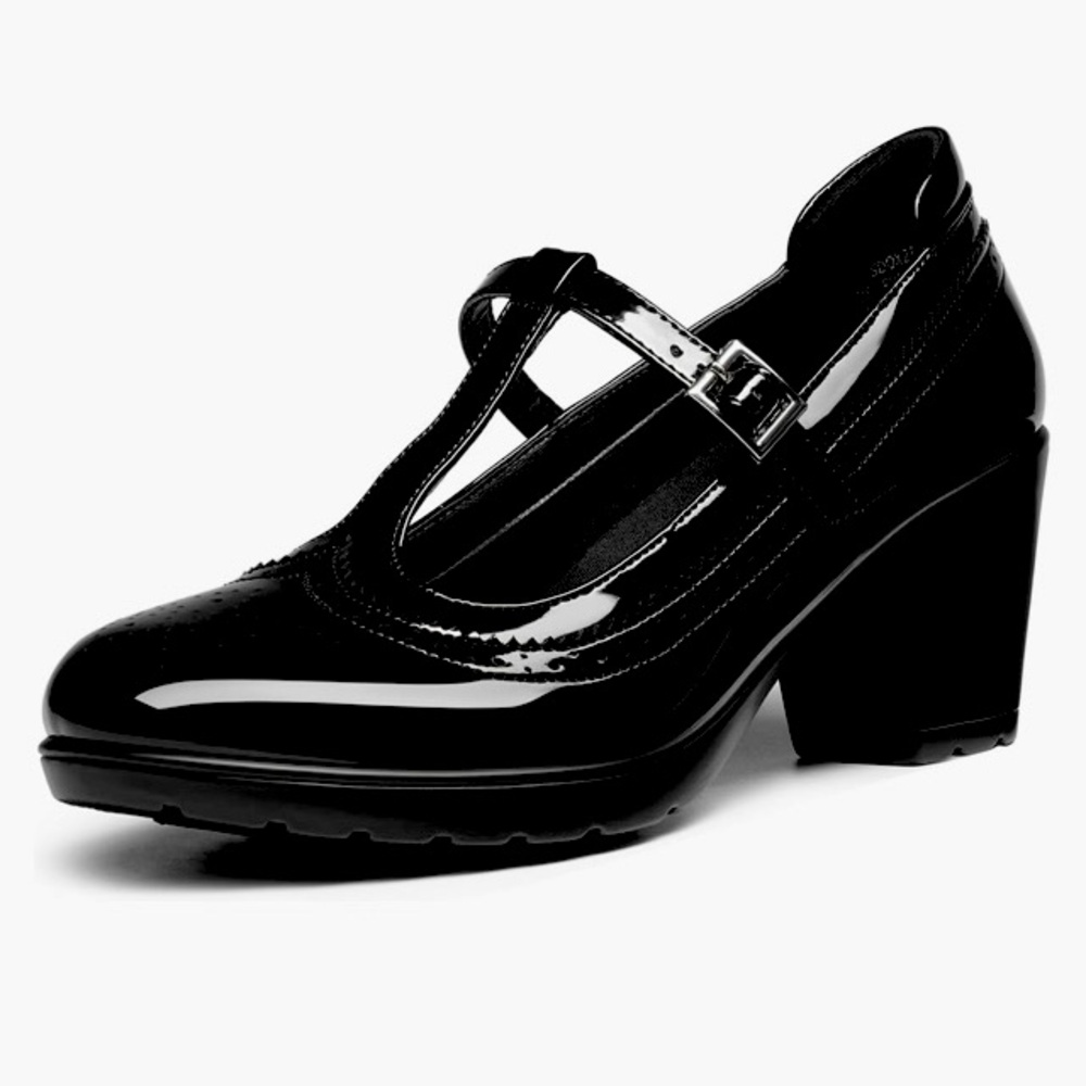 👠DREAM PAIRS👠Black faux patent leather t-strap buckle SZ9 chunky heel 💥NWT💥